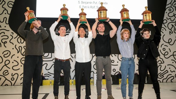 The six finalists at World Barista Championship Winner Anthony Douglas is the third from right.
