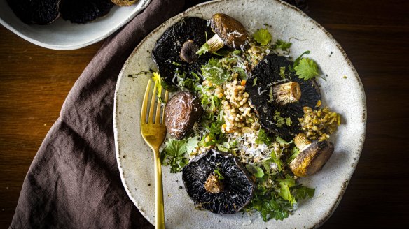 Roasted mushrooms with buckwheat pilaf and a shower of parmesan.