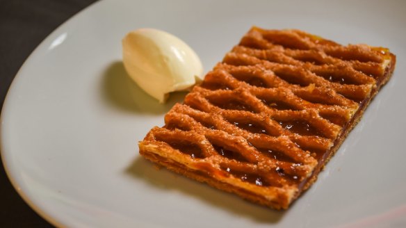 Apricot crostata is among a short dessert menu that also features fior di latte soft-serve.