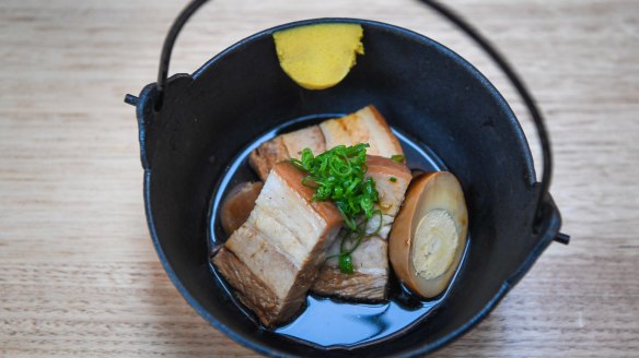 Sake and soy raised pork belly and turnips with super-hot mustard.