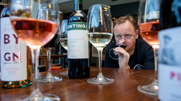 Wine taster Stuart Knox tasting  celebrity wines at his Sydney CBD bar and restaurant, Fix.
