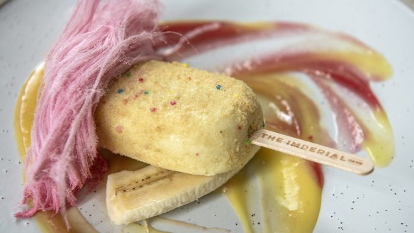 Fairy bread with burnt butter and blonde chocolate ice-cream, 100s & 1000s crumb and banana custard.