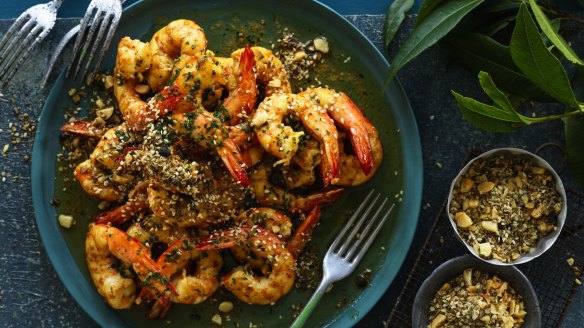 Garlic prawns with native dukkah.