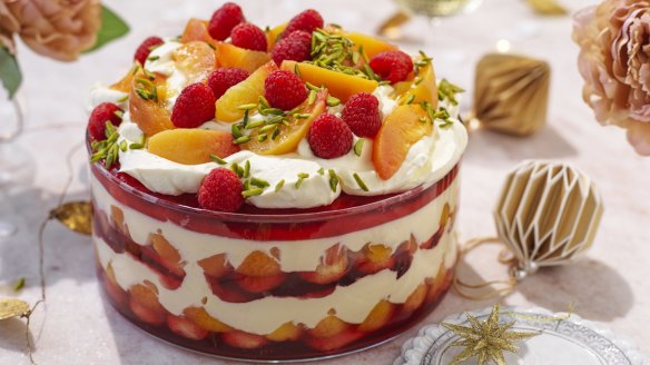 Peach trifle with raspberries and sweet riesling custard.