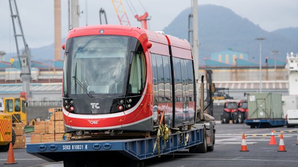 The tram on the back of a truck during its seven-week journey from Spain.