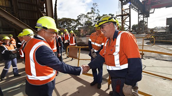 GFG Alliance executive chairman Sanjeev Gupta chats with workers during his visit to the Arrium steelworks in Whyalla, South Australia.
