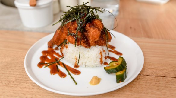 Musubi topped with panko-crumbed, deep-fried chicken.