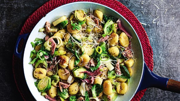 Team tender, pillowy gnocchi with tasty ham and greens. 