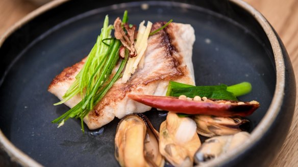 Snapper marinated in rice wine served with mussels and wasabi-spiked soy.