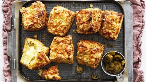 With a little acidity from the yoghurt, a clove of garlic, a handful of cheese and chopped jalapenos, these scones are packed with flavour.