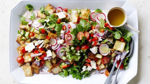 Fried eggplant and feta fattoush.