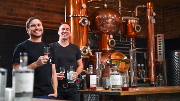 Matt Argus and Dave Irwin from Patient Wolf Distilling Co. are selling their product online.