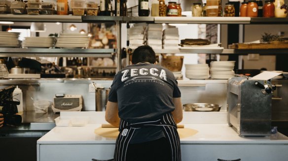 Making fresh pasta at Zecca Restaurant, Griffith. 