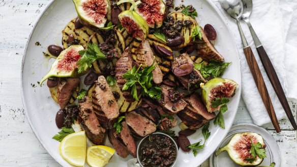 Lamb backstrap with charred potatoes and fresh figs.