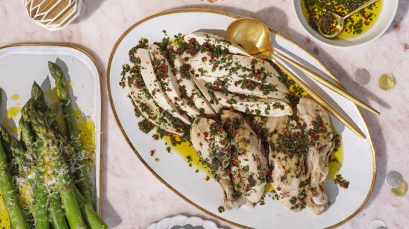 Salt-crust chicken with salmoriglio.