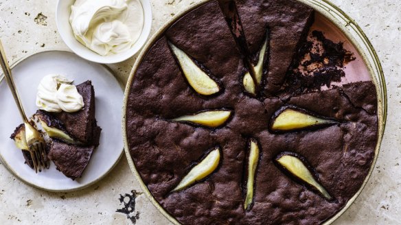 Brownie pudding with poached pears.