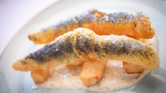 Stokehouse's battered fillets of wild-caught rock flathead showered in seaweed salt.
