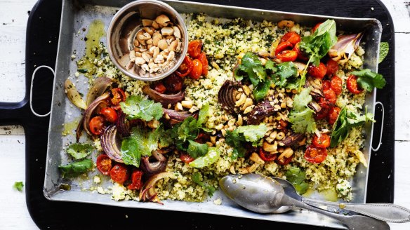 This couscous absorbs both the stock and the roasting juices from the tomato to yield a dish that's strongly savoury and slightly sweet.  