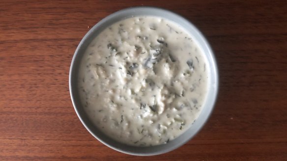 Vegan tzatziki made from chickpeas.