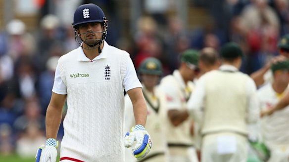 Dejected: Alastair Cook leaves the ground after being dismissed by Nathan Lyon.