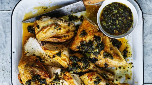 Butterflied chicken with wilted herbs, soy and honey dressing.