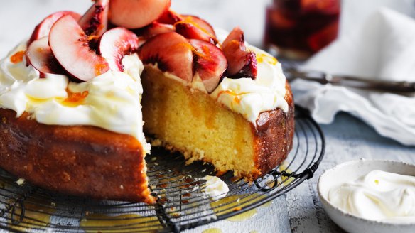 Neil Perry's Coconut and Yoghurt Cake with Fresh Peach Compote.