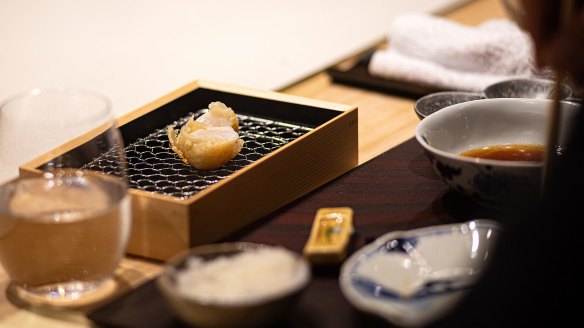 Tempura Kuon's scallop course, part of a $230 tasting menu.