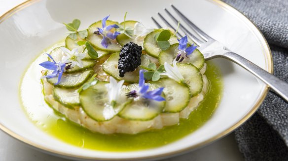 Scallop tartare with cucumber and caviar.