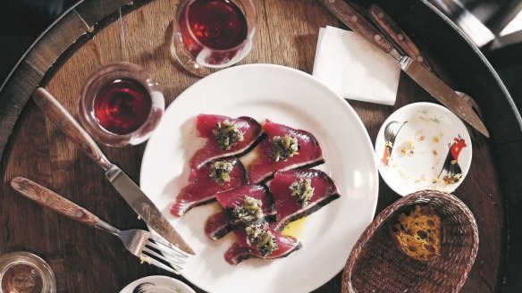 Perfect pairing: A faultless accompaniment to its natural wines is Ahiru Store's bonito carpaccio with pickled green peppers and ginger.