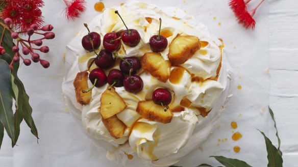 Caramelised pineapple and cherry pavlova.