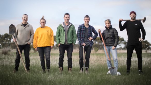 From left: Nathan Toleman, Sandy Melgalvis, Simon Pappas, Sam Slattery, Diamond Rozakeas and Ben Clark at the Common Ground farm.