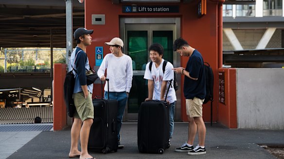 Kodai Yasui, Shuia Kamo, Taichi Matsui and Ugyen Tashi would rather order an Uber outside Wolli Creek Station than catch the train to Sydney Airport.