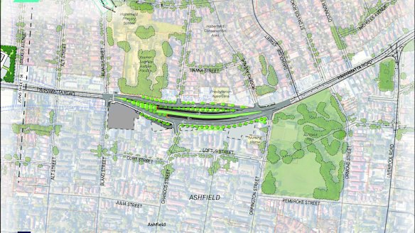 A map of on and off ramps of the M4 East at Ashfield. 