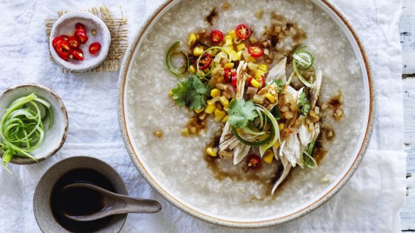 Comforting chicken and corn congee.