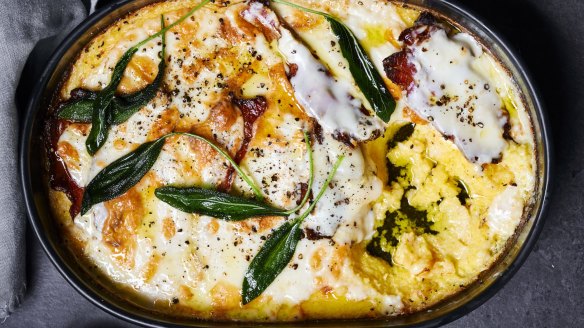 One tray cheesy baked polenta with pancetta and sage. 