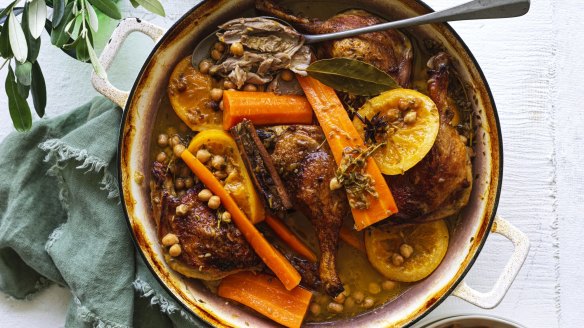 Braised duck legs with carrots, chickpeas, orange and anise.