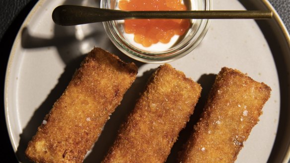 New Quarter's crumbed chicken terrine with Laughing Cow cheese and nuoc mam caviar.

