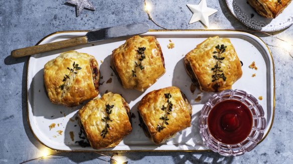 Christmas sausage rolls with turkey, bacon and cranberry.