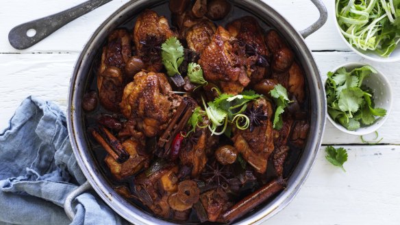 Red braised chicken with dried chestnuts.