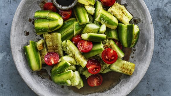 Bashed cucumber salad with black vinegar.