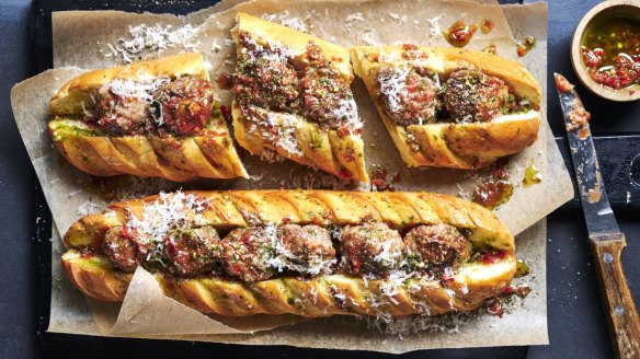 Meatball subs with chimichurri.