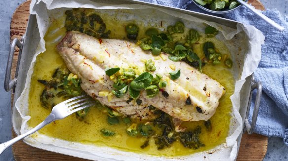 Julia Busuttil Nishimura's baked fish with saffron butter, lemon and green olives is low-effort but impressive.