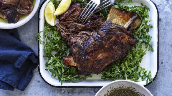 Serve the lamb with its slow-cooked onions (top left) and rosemary vinaigrette (bottom right).