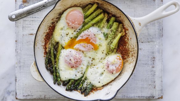 Adam Liaw recipe: Grilled asparagus with coddled eggs and parmesan.