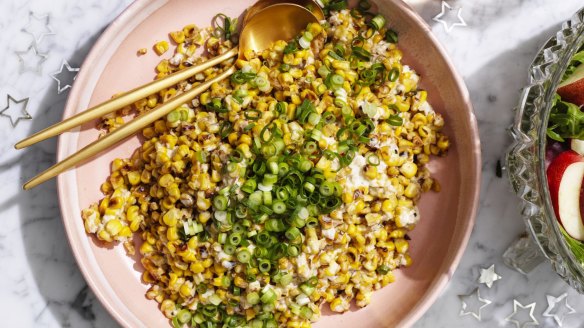 Charred corn kernels coated in creamy, cheesy dressing.
