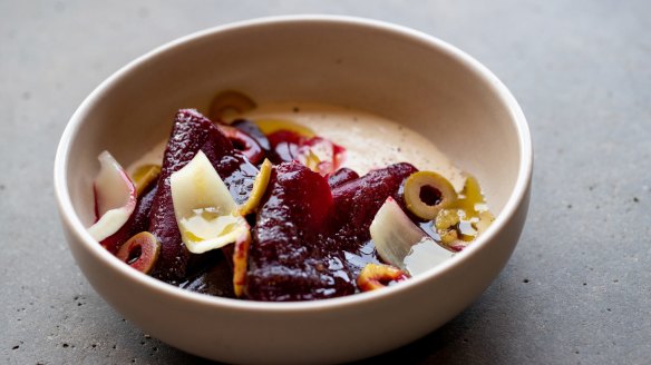 Roasted beetroot with pickled onion and garlic tahini. 