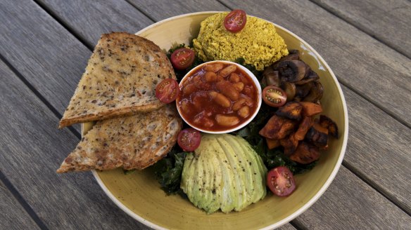 The vegan brekky bowl includes a well-seasoned tofu scramble. 