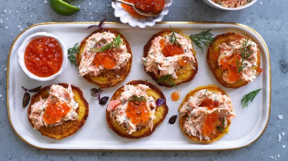 Corn blinis with salmon rilletes.
