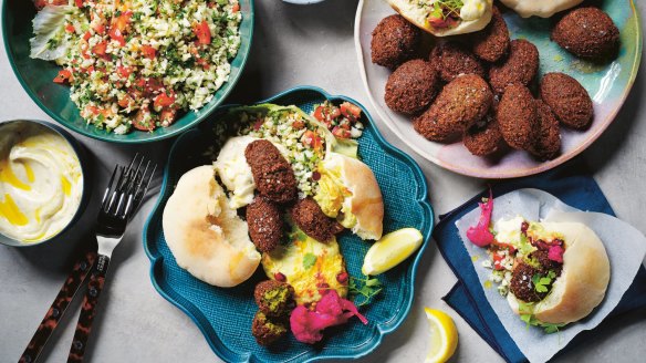 Alice Zaslavsky's fried green falafels with cauli tabbouleh, hubba-baba ghanoush and pickled pink cauli.