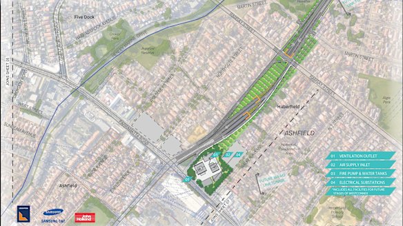 A map showing the M4 East ventilation stack as well as on and off ramps near the intersection of Wattle Street and Parramatta Road.